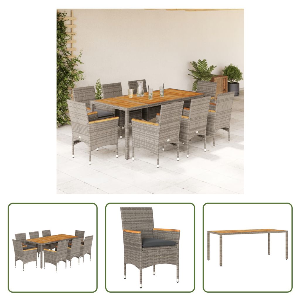The Living Store 9-tlg. Garten-Essgruppe mit Kissen Grau Poly Rattan Akazie