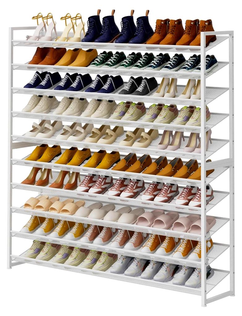 Großes Schuhregal, Schuh-Organizer, Robustes, Stapelbares Schuhregal aus Metall mit 4 Ebenen für den Eingangsbereich (Weiß, 10 Ebenen)