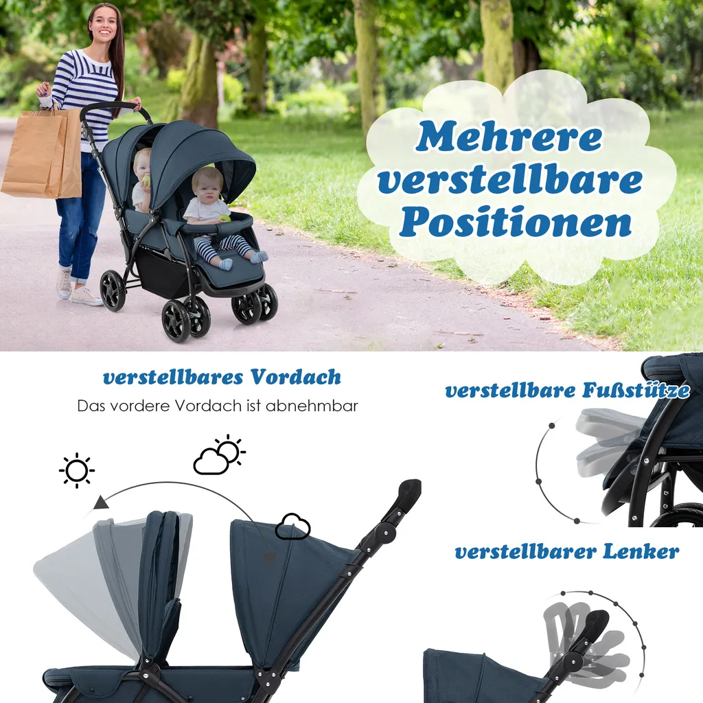 Poussette double pliable avec dossier ajustable et canopée bleue bébé