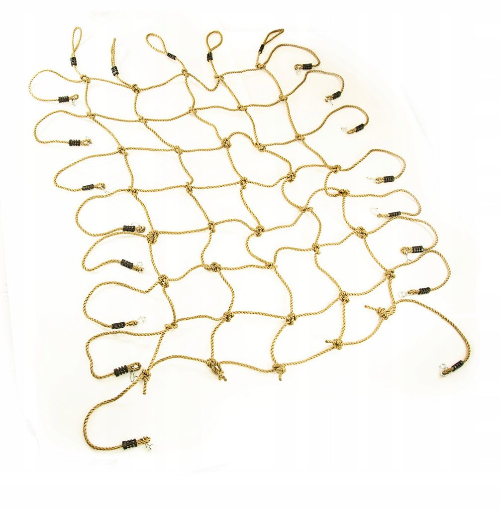 A tan climbing net with black connectors against a white background.