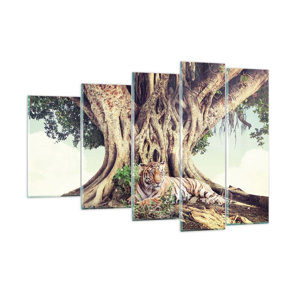 Bilder auf glas - 5 Teile - Tiger Wild Baum - 150x100cm - Glasbilder - Wandbilder - Bilder - zum Aufhängen bereit - Wanddekoration aus Glas - Glas...