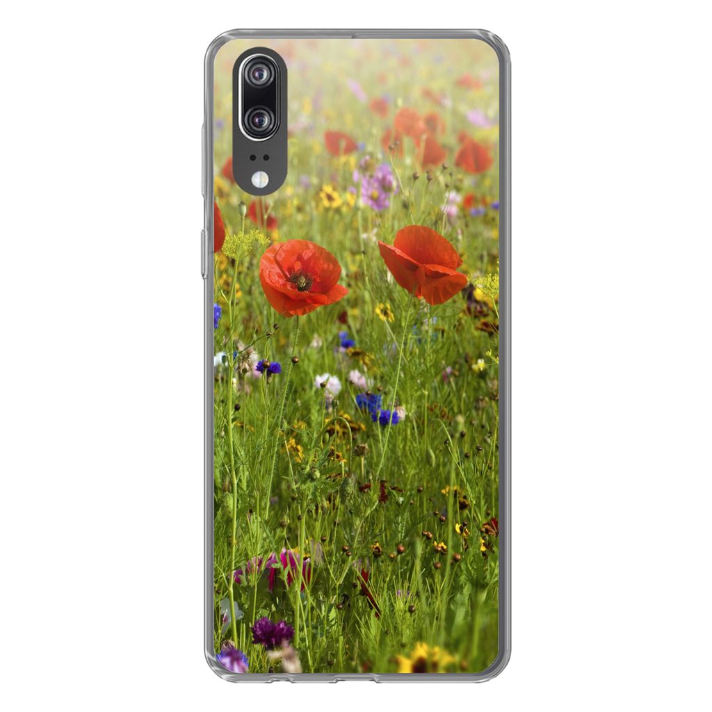 MuchoWow Handyhülle Schutzhülle Hülle für Huawei P20 Frühling - Blumen - Rot - Mohn - Gras - Grün Silikon Softcase Handy Hülle - Hardcover