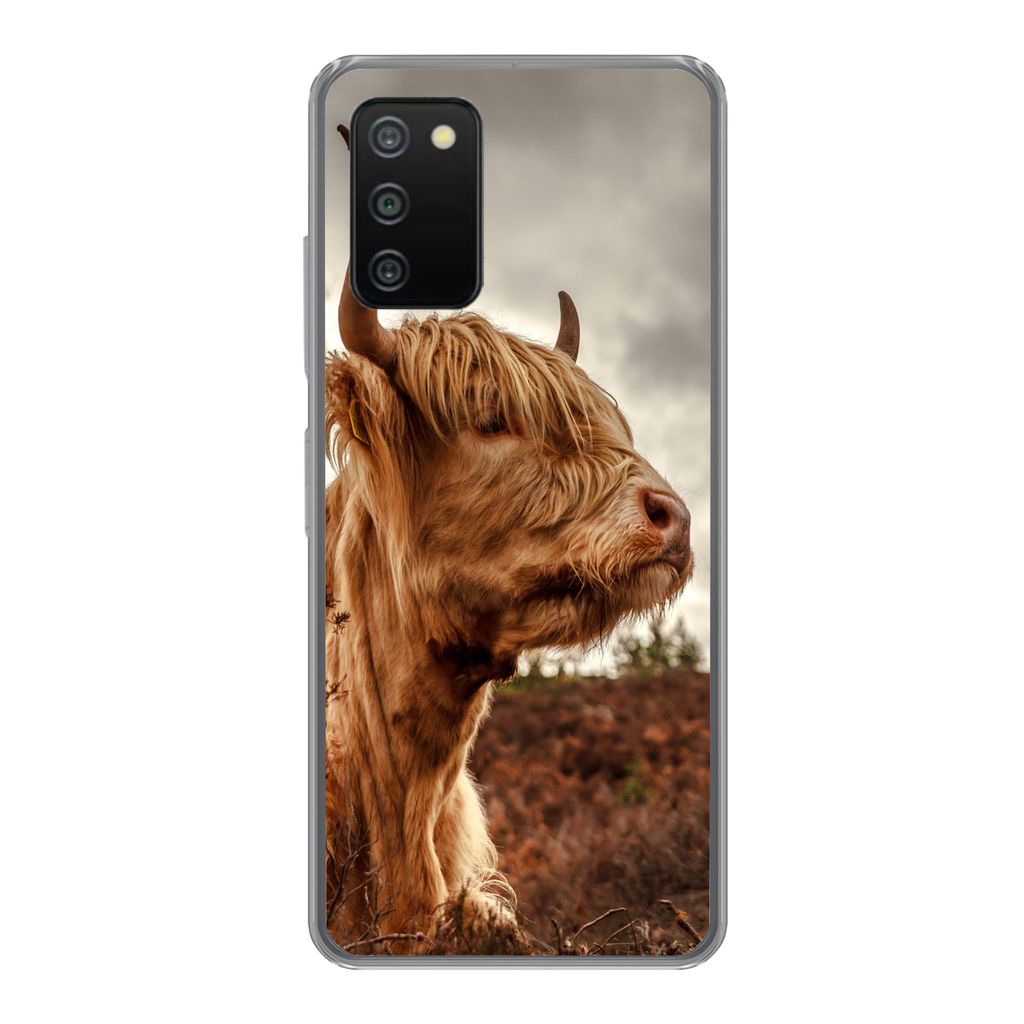 MuchoWow Handyhülle Schutzhülle Hülle für Samsung Galaxy A03s Scottish Highlander - Strauch - Heidekraut Silikon Softcase Handy Hülle - Schutz