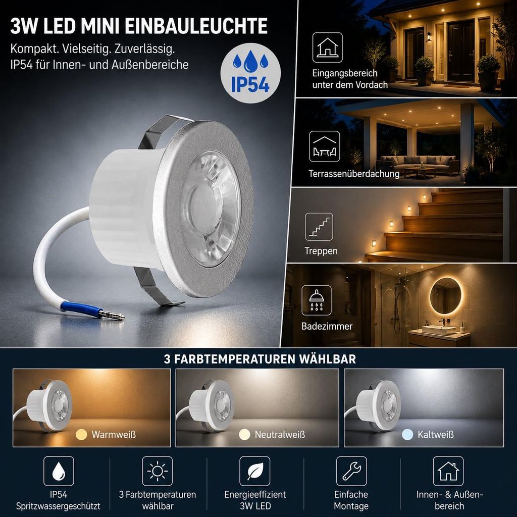 3 Watt Mini LED Einbauleuchte Einbaustrahler Einbauspot Produktbild 