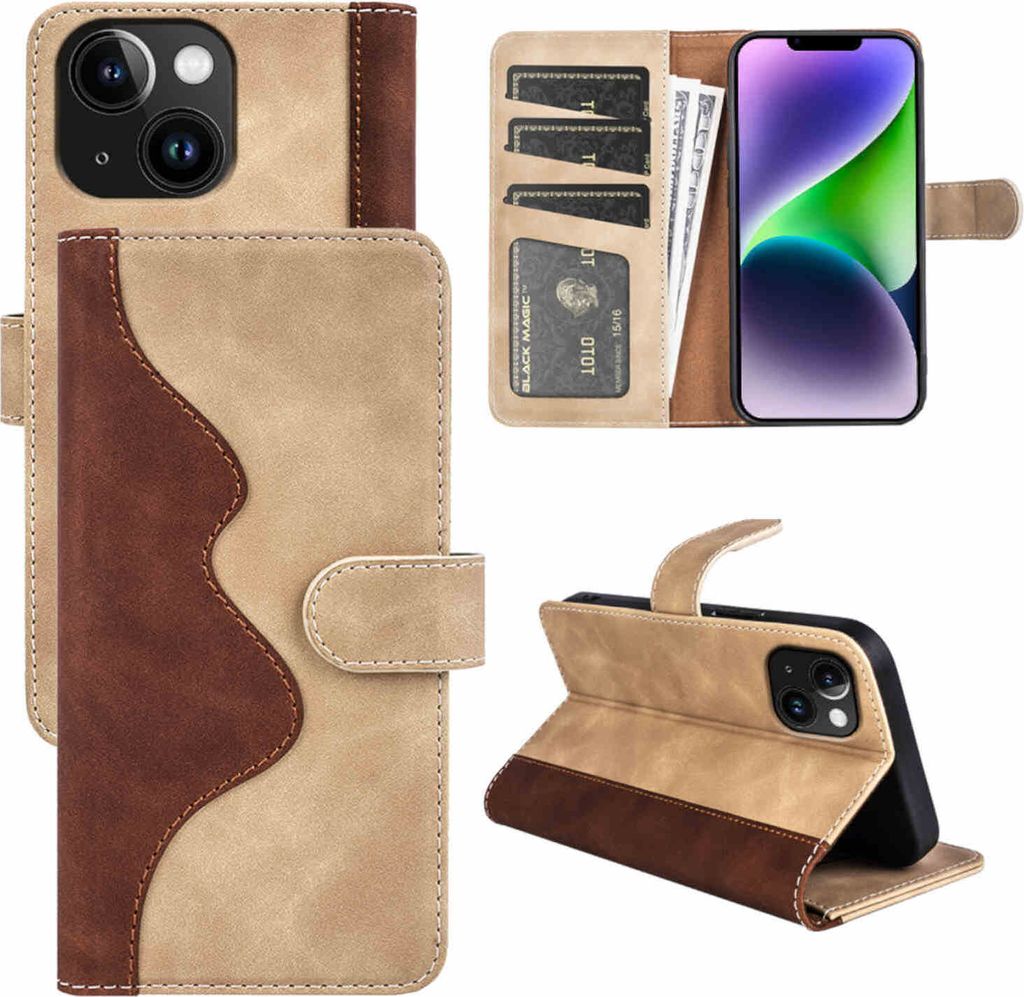 Für Apple iPhone 15 Design Handy Tasche Braun Etuis Kunst-Leder Hülle Cover