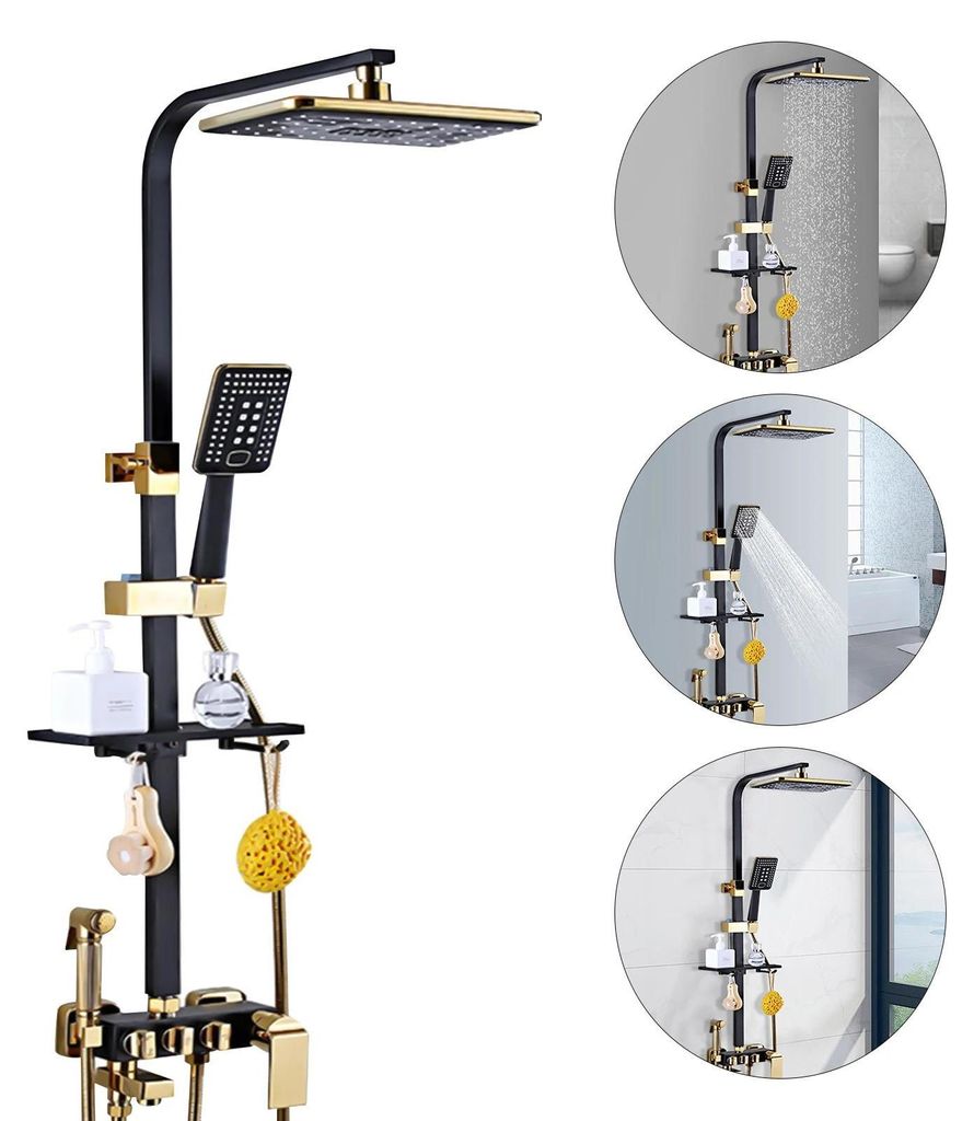 Duschset - Wandmontage - Höhenverstellbar 75–120 cm - 30×20 cm Kopfbrause + Handbrause - Kupfer, 1 Hebel - Galvanisierte Oberfläche - Gold