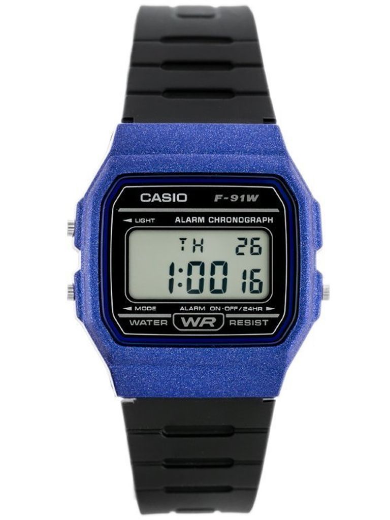 A close-up studio shot of a blue and black Casio F-91W digital watch against a white background.