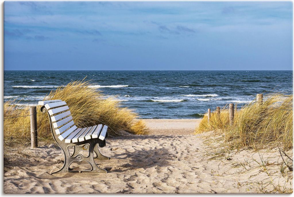 ARTland Leinwandbild Strand mit Sitzbank Ostsee, Graal Müritz Größe: 90x60 cm
