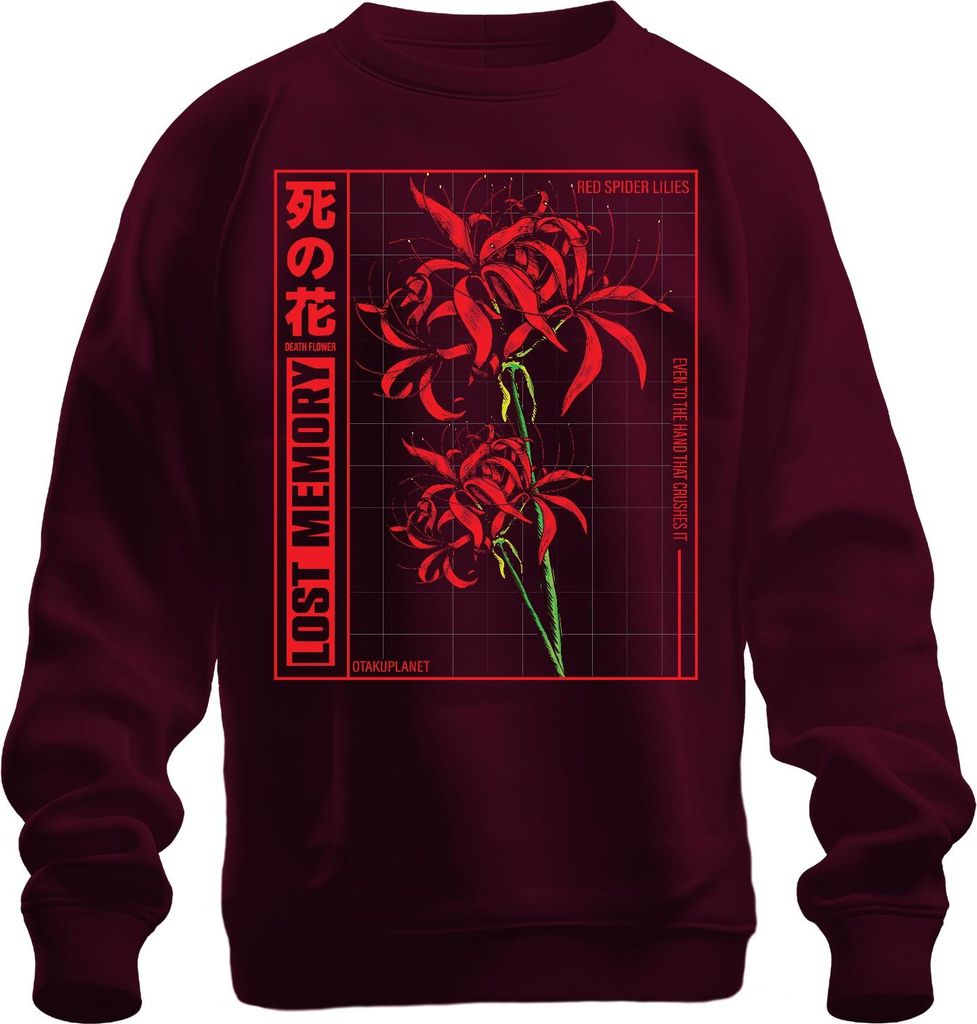 Rote Spinnenlilie LOST MEMORY japanische Blume Anime Otaku Ästhetik Uni Sweatshirt Pullover, Burgundy, XXL