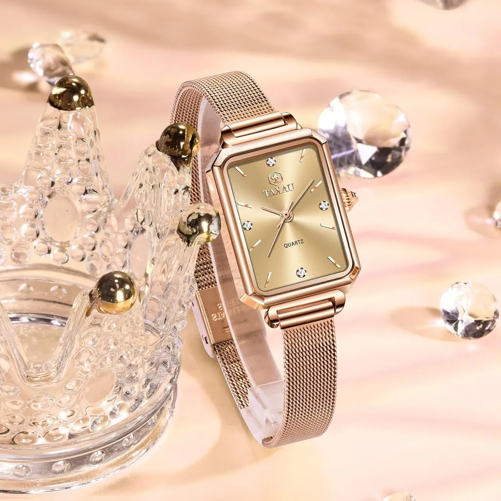 Orologio da donna Orologio da polso quadrato da donna con bracciale in acciaio inox a maglie Orologio rettangolare da donna Moda orologio da polso da donna Rosegold impermeabile elegante orologio al quarzo - 7