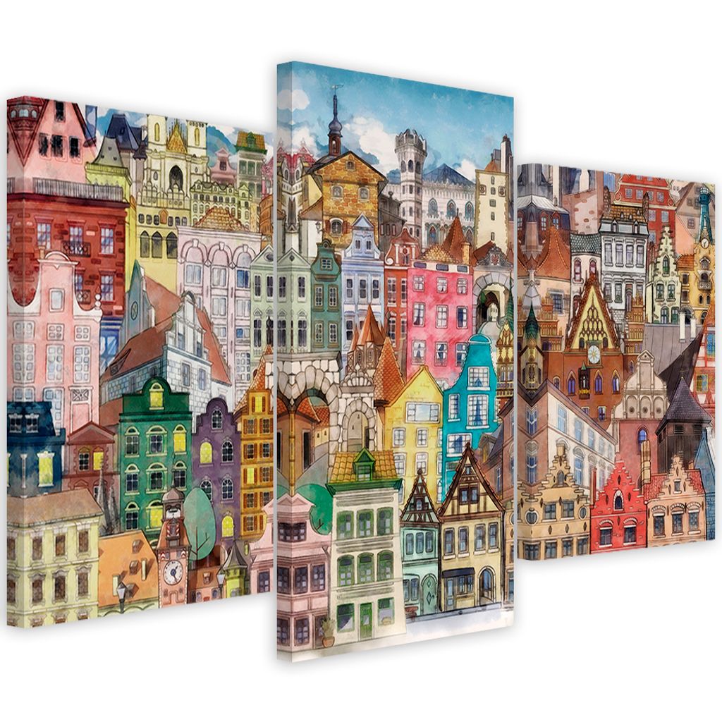 Triptychon auf leinwand fröhliche stadt 150x100 cm Feeby farbe wandbild bereit zum aufhängen