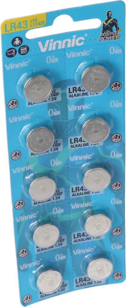 Alkali-Spezialbatterie Vinnic G12 / AG12 / L1142 / LR43 / 186 / V12GA / RW84 / D186 Blister zu 10 Stück