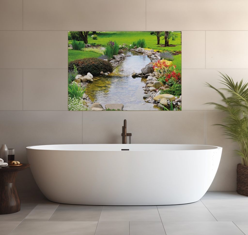 Wallario wasserfestes Poster selbstklebend 70 x 100 cm, Blumen am Teich, Badezimmerposter Spritzschutz mit Hochglanzoberfläche in Glasoptik