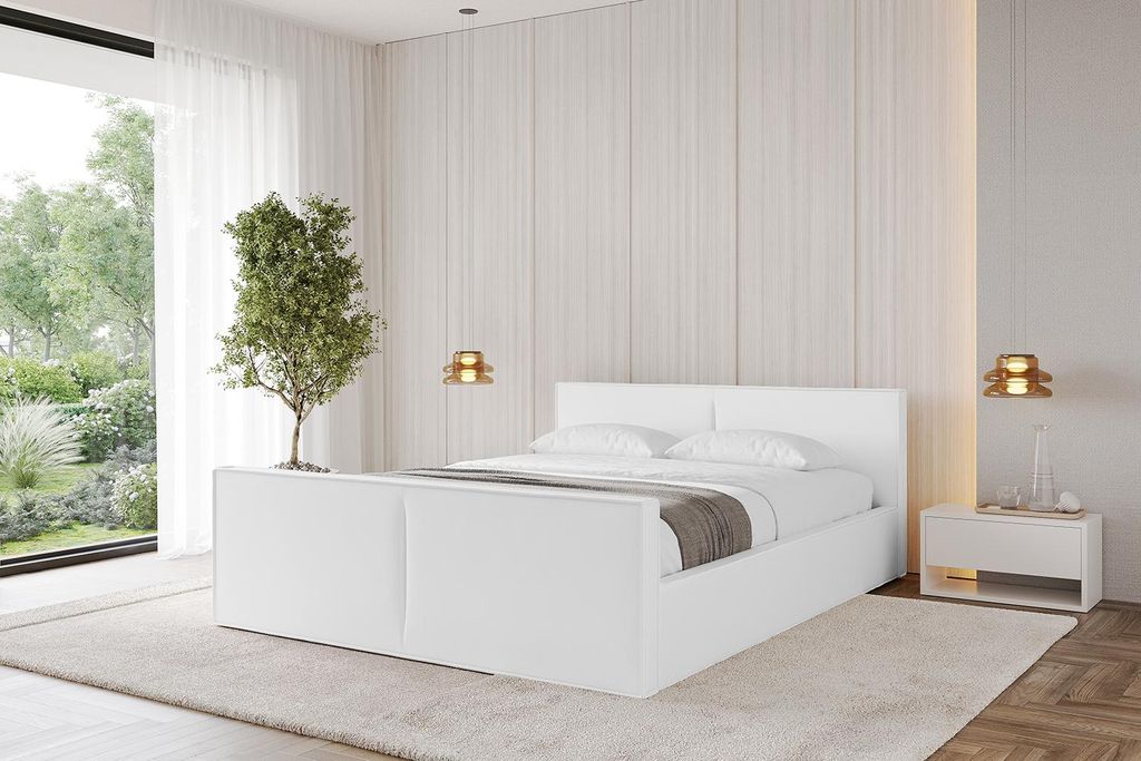 ALTDECOR Polsterbett mit Bettkasten - EMMI-Z-v1 - 140x200 Weiß Kunstleder - Bett mit Kopfteil und Fußteil, Boxbett ohne Matratze, Doppelbett mit ...