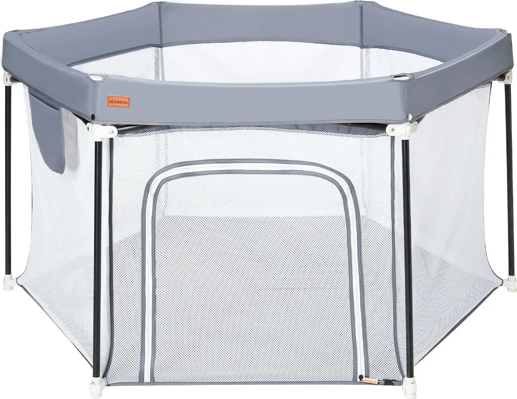 Parc bébé sécurisé gris anti-chute avec filet souple et design nomade