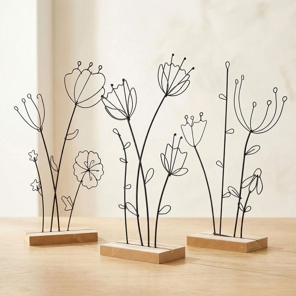 3er Set Aufsteller Blume Metall MDF Schwarz Natur Draht Deko Tischdeko Frühling
