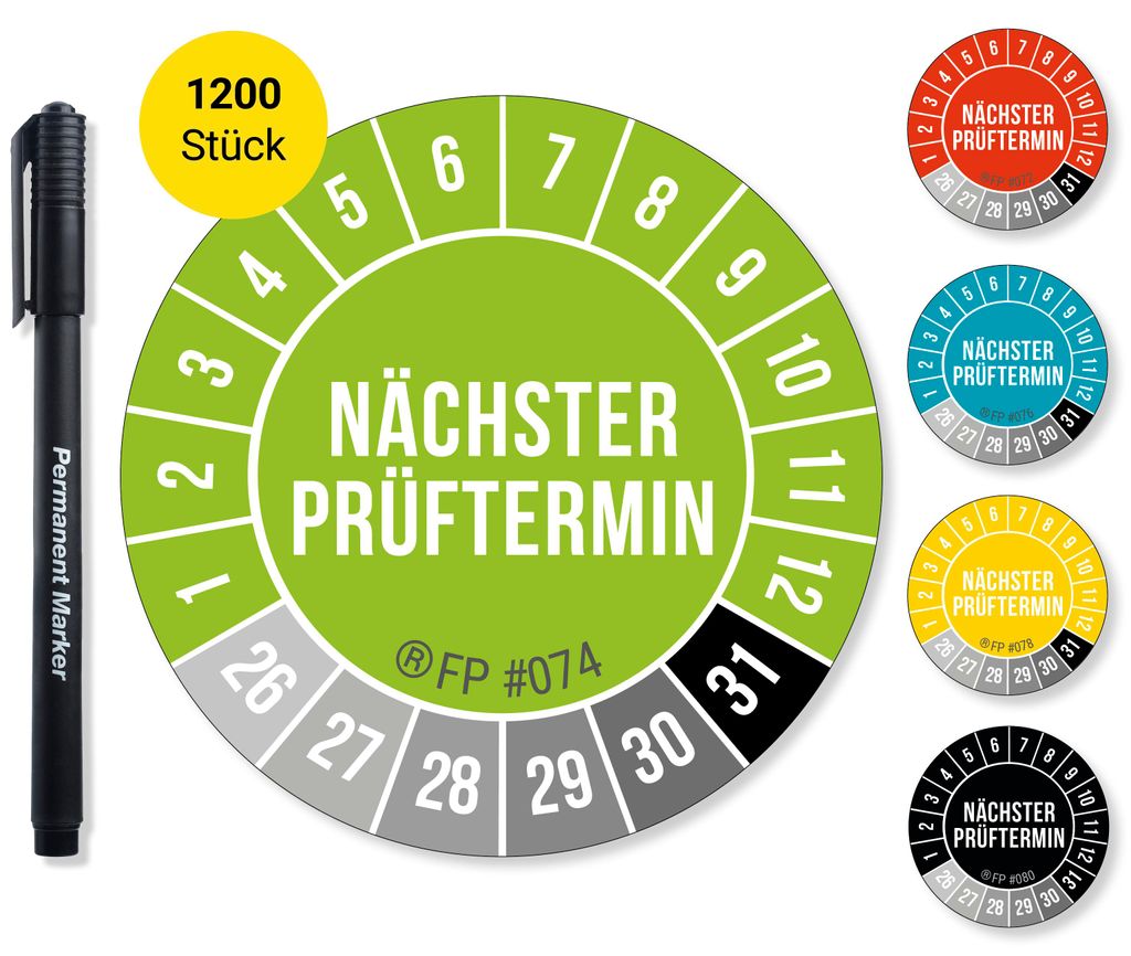 Frank Paperman – Nächster Prüftermin – 1200 Prüfplaketten 2026–2031, Ø 30 mm, Grün, selbstklebend, UV-beständig