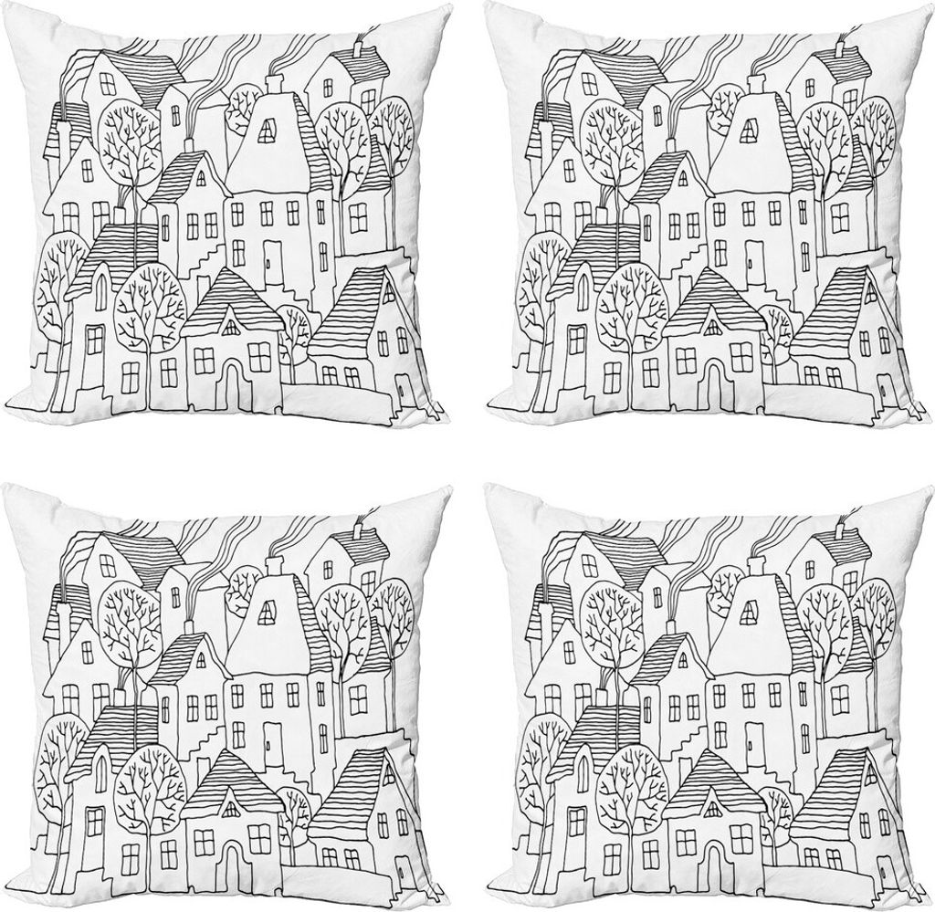 ABAKUHAUS Skizzenhaft Kissenbezug Set (4 Stück), Cartoon House Village, Moderner Doppelseitiger Digitaldruck, 45 cm x 45 cm, Schwarz und weiß