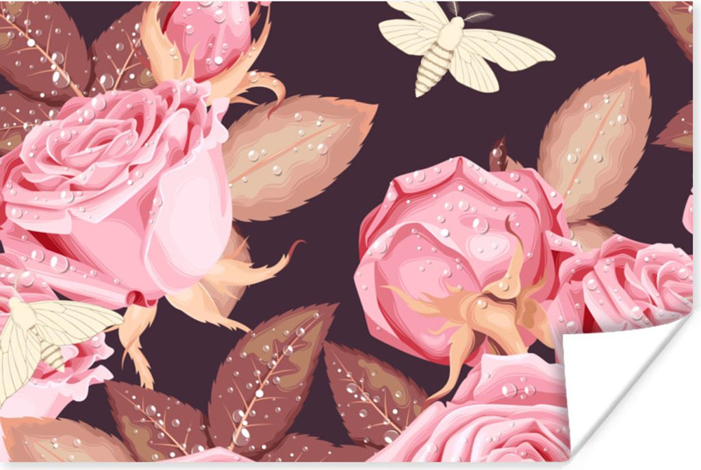 MuchoWow Poster Rosen - Schmetterlinge - Rosa - Weiß 60x40 cm - Schlafzimmerdekoration