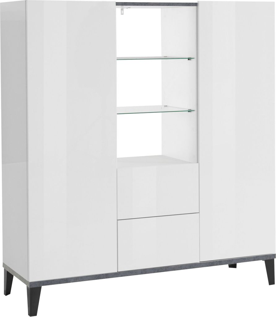Highboard >Rovigo< in Weiß Hg. / Schiefer - 120x120x40cm (BxHxT)