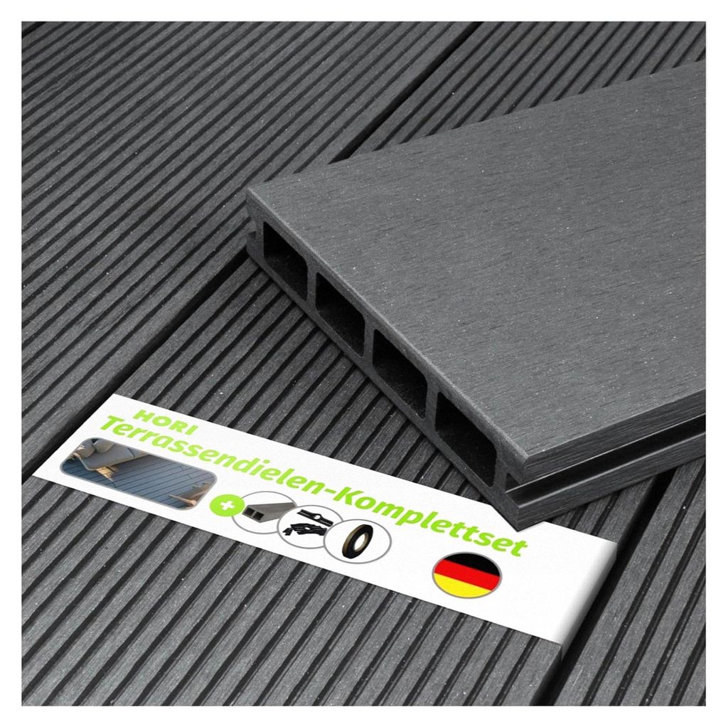 WPC-Terrassendiele Kuba grau Hohlkammer, Komplettset inkl. Unterkonstruktion 40x60 mm & Clips, wetterfest, pflegeleicht & UV-beständig, Fläche: 1...