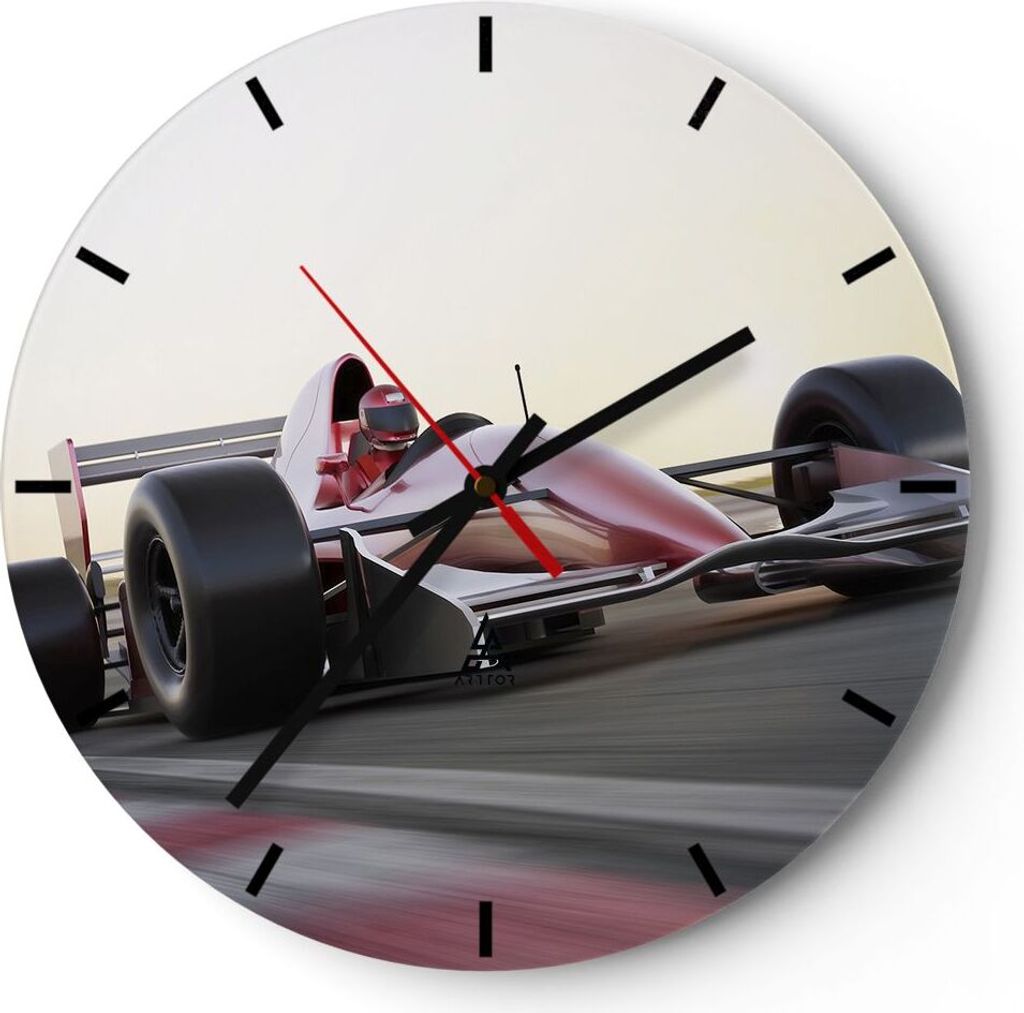 Wanduhr - Rund - Glasuhr - Formel 1 Rennen Strecke Geschwindigkeit - 40x40cm - Schleichendes Uhrwerk - Lautlos - zum Aufhängen bereit - Dekoration...