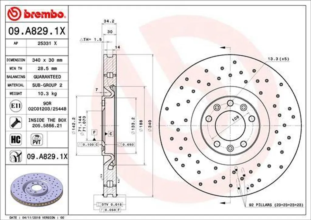 Disque de frein ventilé Brembo 09.A829.1X haute performance RCZ