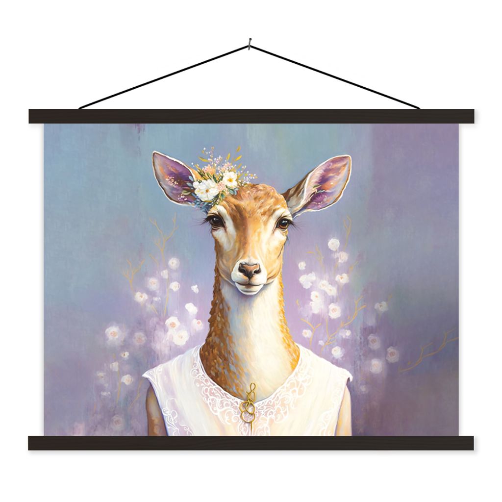 MuchoWow Textilposter Hirsche - Blumen - Gemälde - Porträt - Tiere 150x113 cm mit holzfarbenen Rahmen - Poster