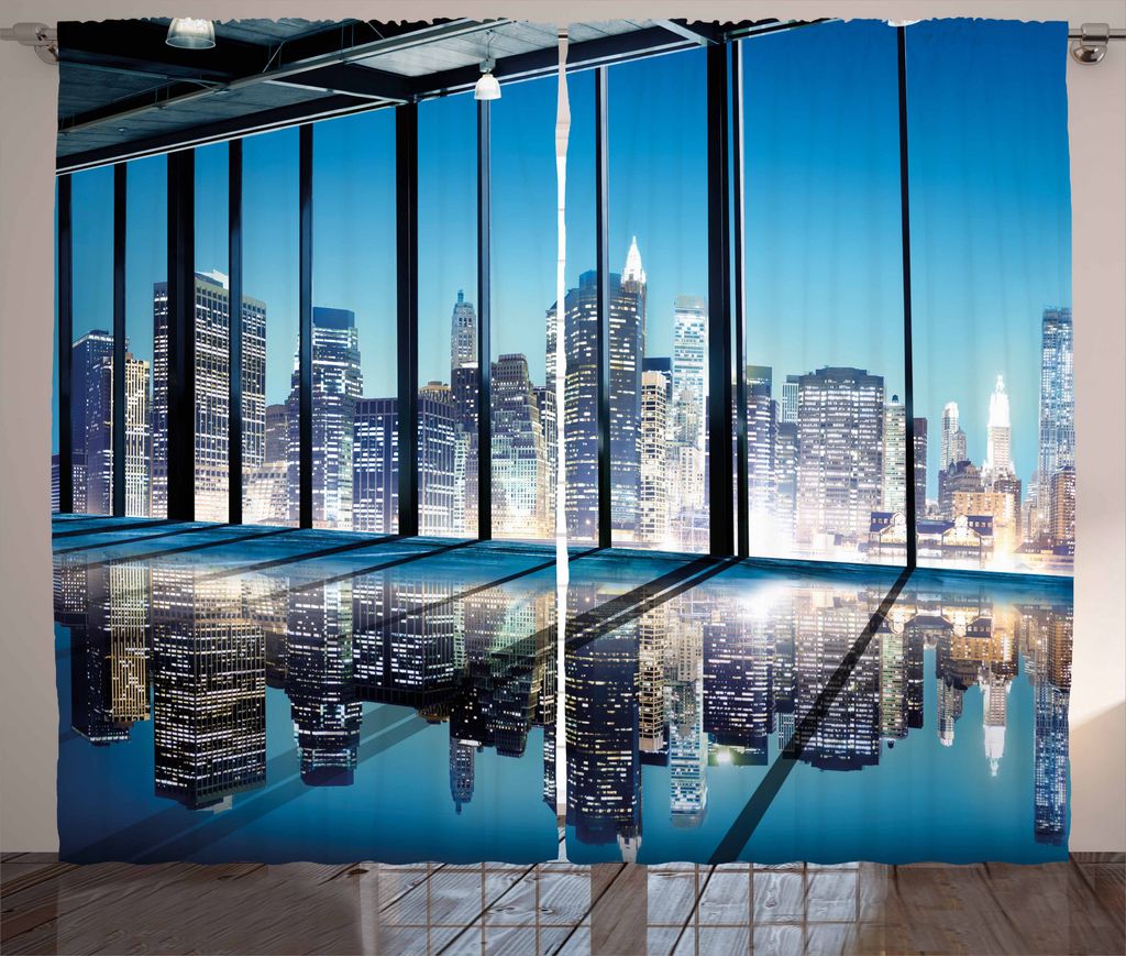 ABAKUHAUS Stadtansicht Rustikaler Vorhang, Gebäude mit Glas, Wohnzimmer Universalband Gardinen mit Schlaufen und Haken, 280 x 225 cm, Schwarz Weiß