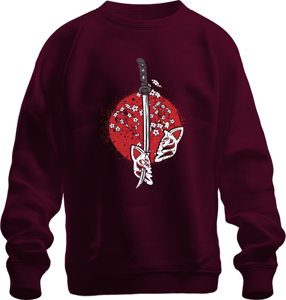 Katana Samurai Kitsune Maske Sakura Kirschblüten Japan Sonne Uni Sweatshirt Pullover, Burgundy, 3XL