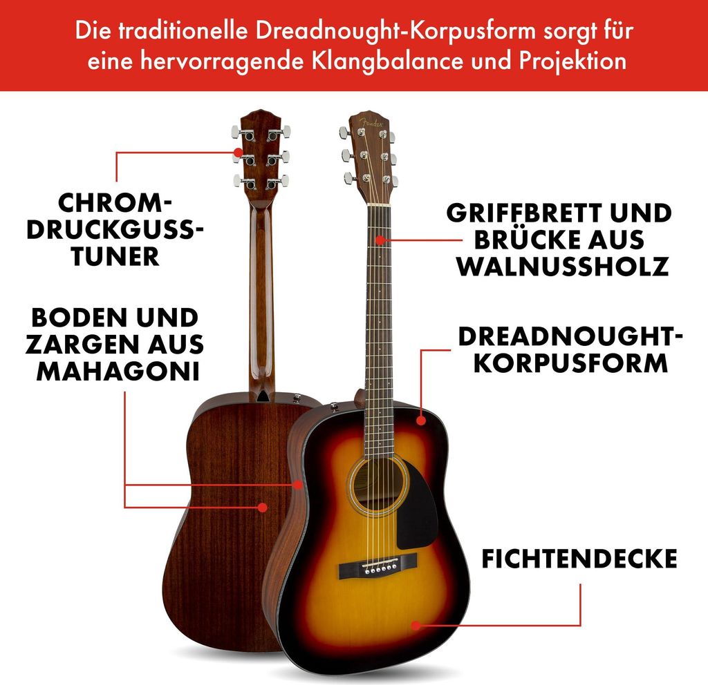 Fender CD-60 Dreadnought V3 DS Akustikgitarre, Walnussgriffbrett, 3-Tone Sunburst, Inklusive er virtueller Kurse auf Fender Play