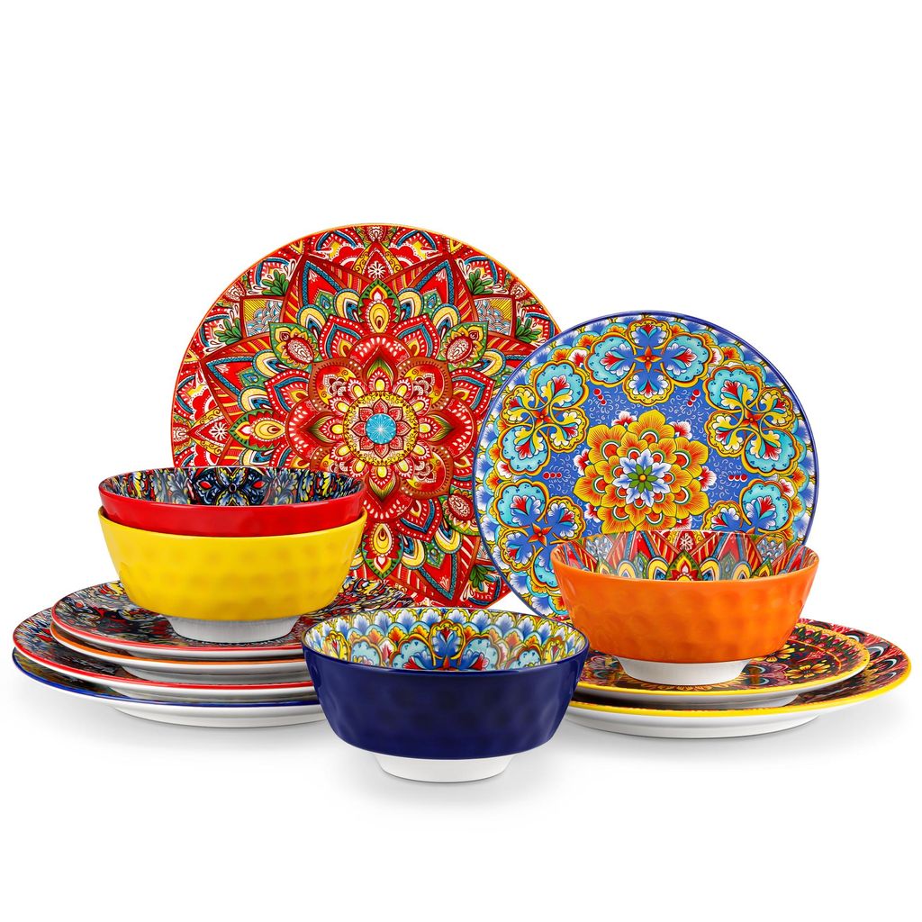 Tafelservice für 4 Personen, 12-tlg Kombiservice aus Porzellan, Geschirr-Set mit Speiseteller, Dessertteller und Schalen, böhmischer Stil
