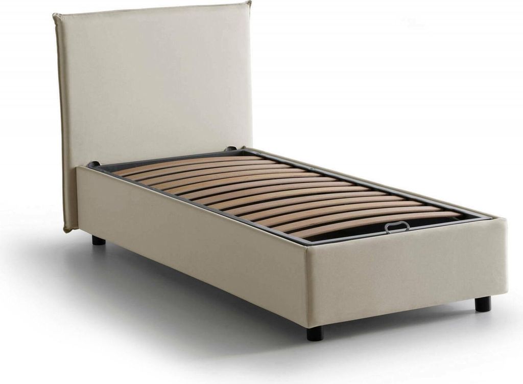 Einzelbett Chelsea, Containerbett mit Stoffbespannung, 100% Italy, Frontöffnung, passend für Matratze Cm 90x190, Beige