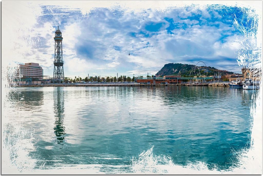 Kunstdrucke Wandbilder Holz in : Brillante Farben, Größe 60 x 90 cm Motiv Panorama des Hafens von Barcelona