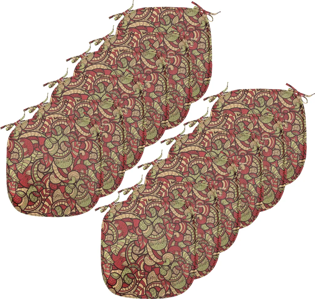 ABAKUHAUS Rivestimento etnico per sedie da sala da pranzo, Doodle vortici floreali, cuscino decorativo impermeabile con cinturini per sedie da cucina, 40 cm x 40 cm - confezione da 12, corallo scuro verde beige - 1