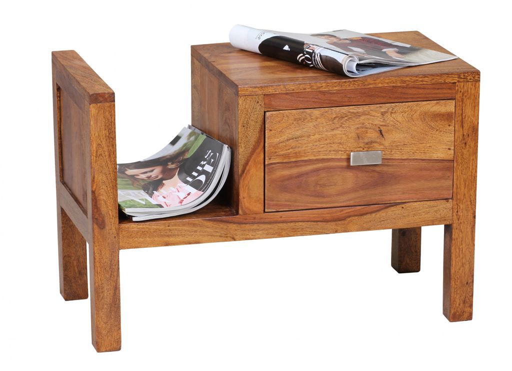 WOHNLING Nachttisch MUMBAI Massiv-Holz Sheesham Nacht-Kommode 40 cm hoch Schublade mit Zeitungsablage Nachtschrank Echt-Holz