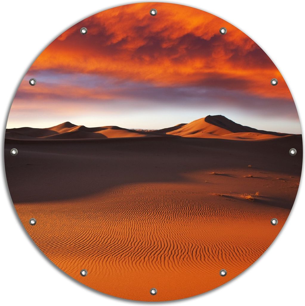 Wallario rundes Outdoor-Poster für Garten oder Balkon, Motiv Sahara Wüste II - Sanddünen im Sonnenuntergang, 90 cm Durchmesser