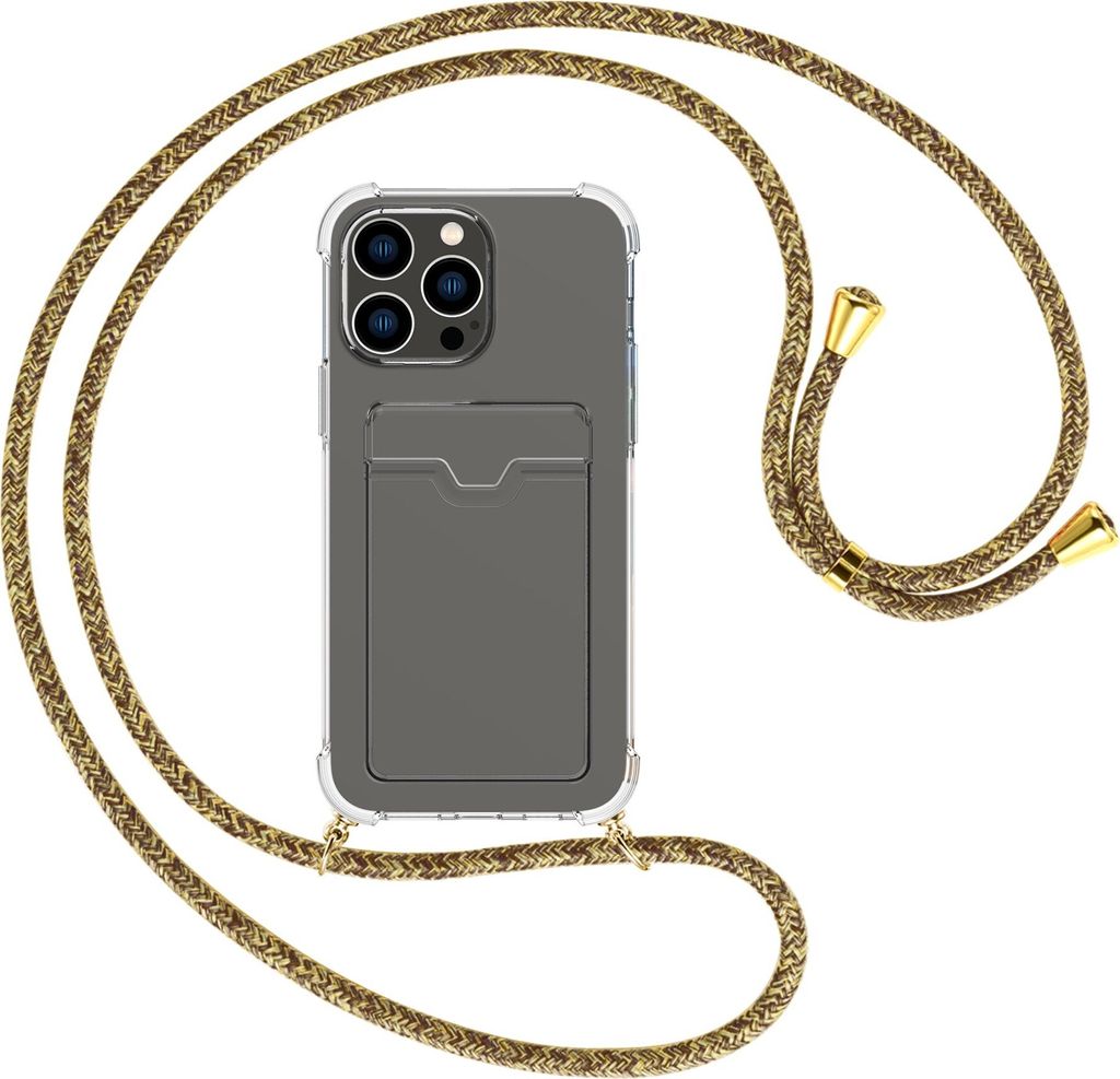 Handykette Backcover-Schutzhülle mit Band (Metall goldfarben) für Apple iPhone 15 Pro Max - braun+beige