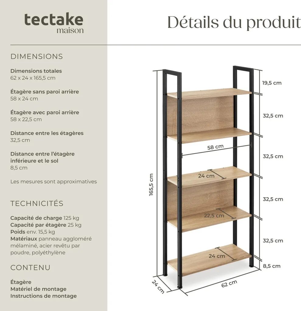 Étagère Chêne Sonoma 62 cm - Rangement Industriel à 5 Compartiments