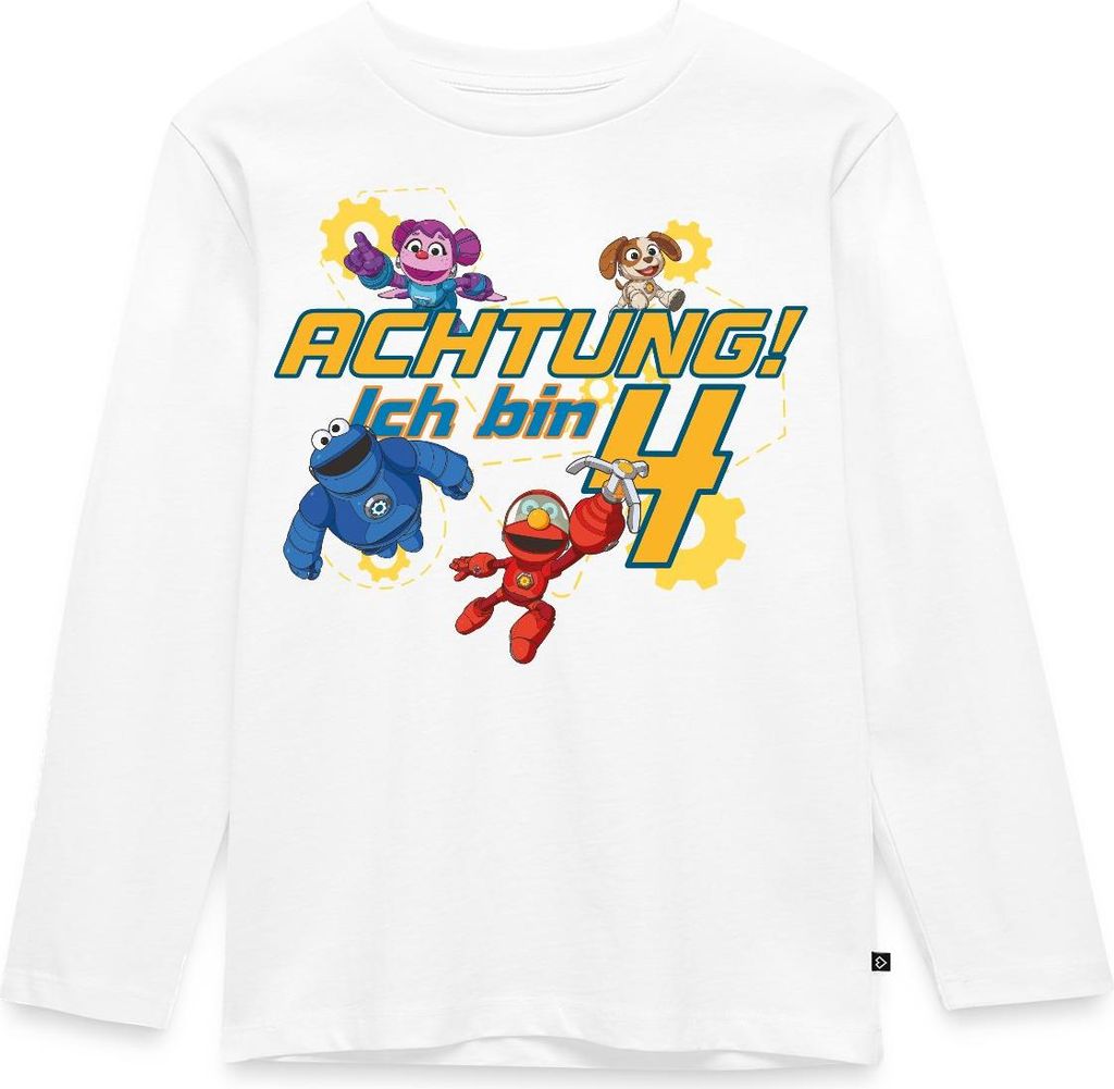 Spreadshirt Mecha Builders Kinderhelden Team Achtung Ich Bin 4 Kinder Premium Langarmshirt, 122/128 (6 Jahre), Weiß