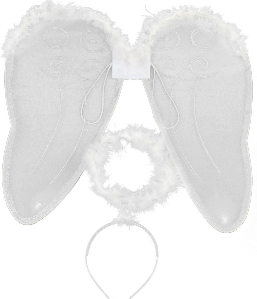 A set of white angel wings and a halo on a white background.