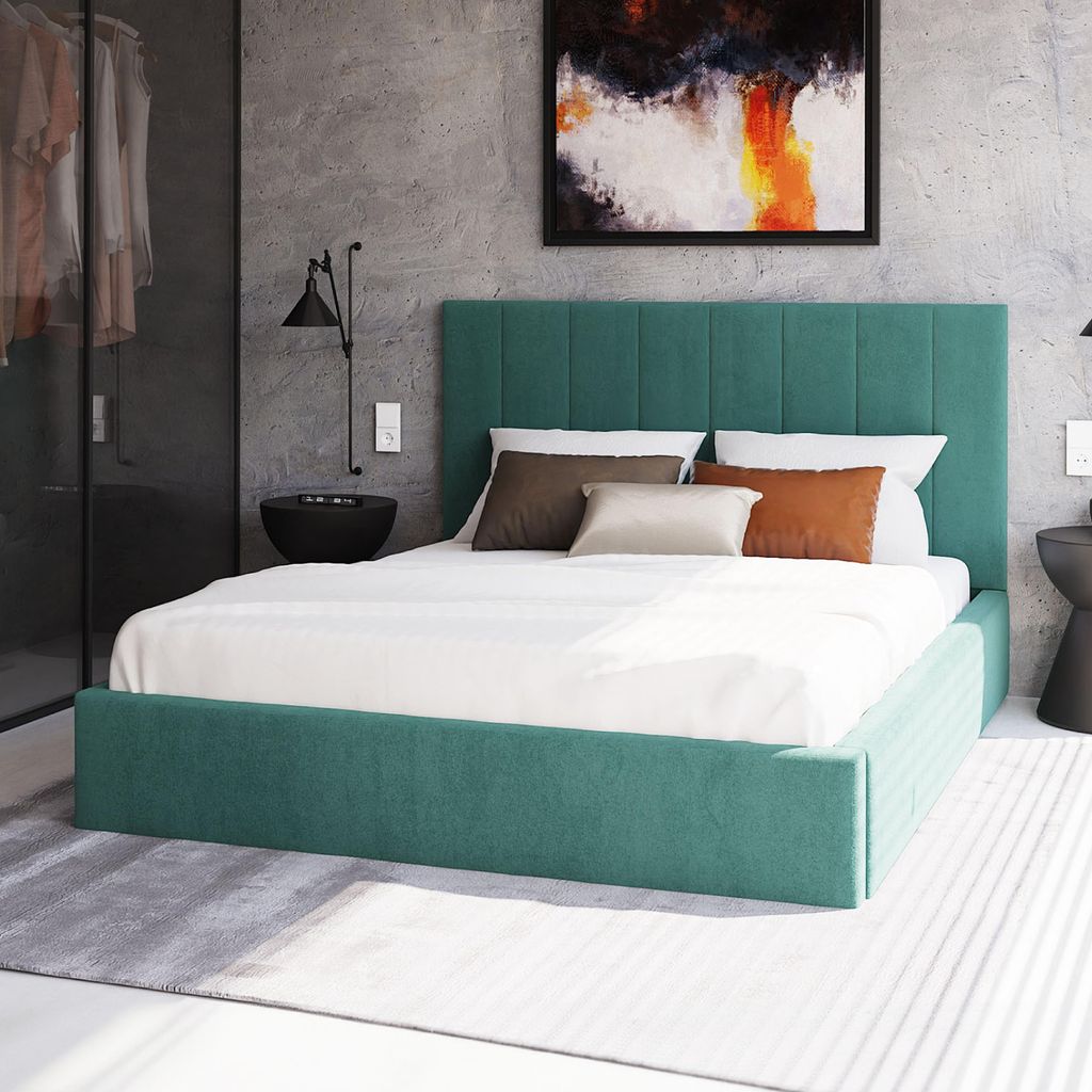 FDM Bett Kaja Trinity 90x200 cm Polsterbett mit Lattenrost aus Metall Bettkasten Stauraumbett Samt türkis