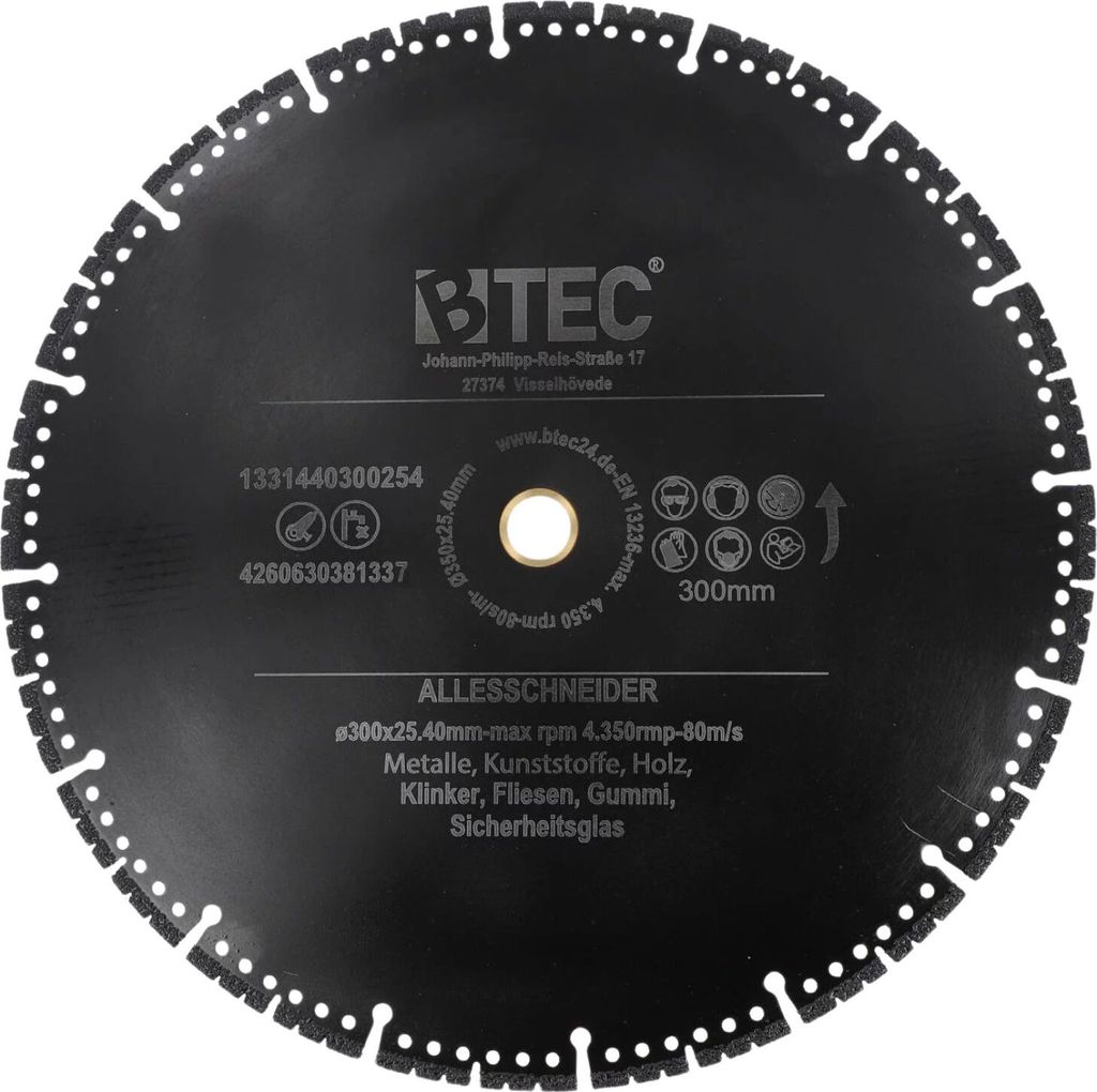 Diamanttrennscheibe ALLESSCHNEIDER Ø 300 mm Bohrung 20,00 mm Trennscheibe Metall Naturstein Ziegel Holz GFK Gummi Glas