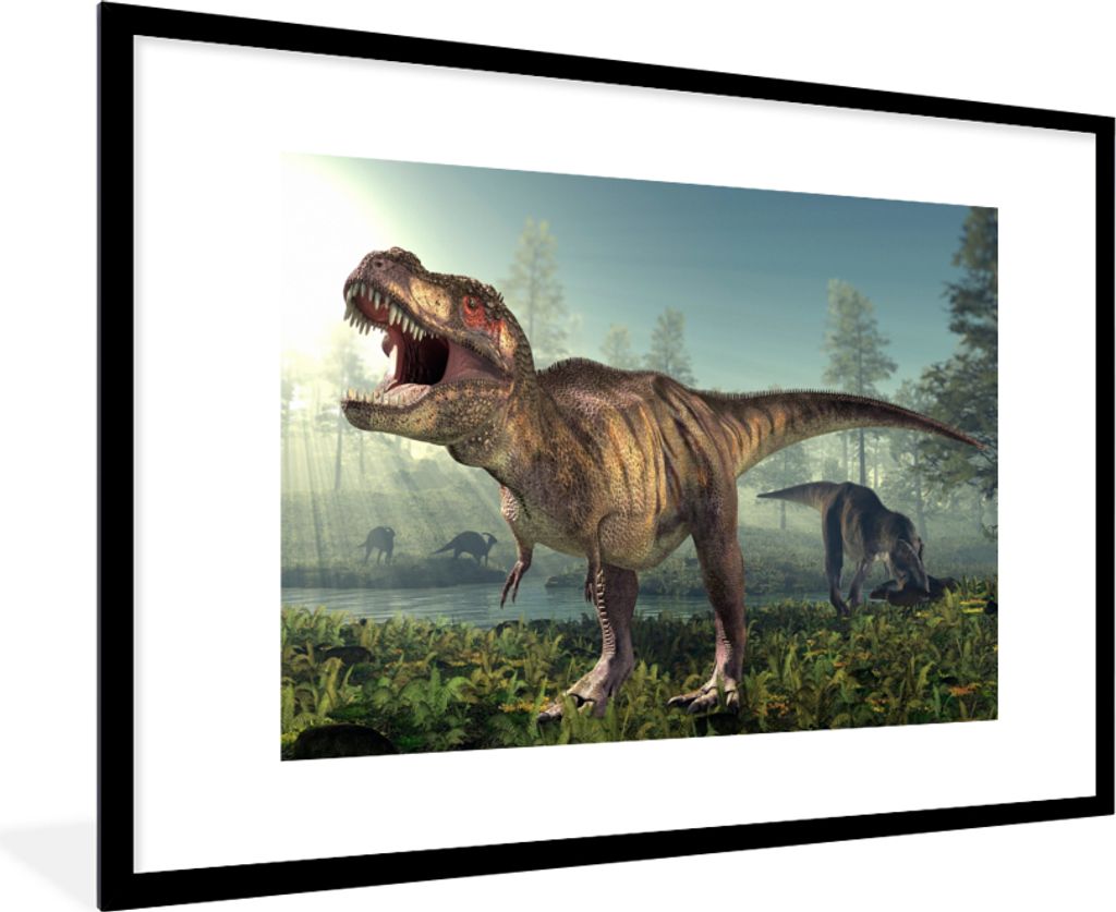MuchoWow Gerahmtes Poster Dino - Gras - Zeichnung - Kinder - Jungen 90x60 cm - Poster mit Schwarzem Bilderrahmen Wandposter Rahmen Foto Bilder - ...