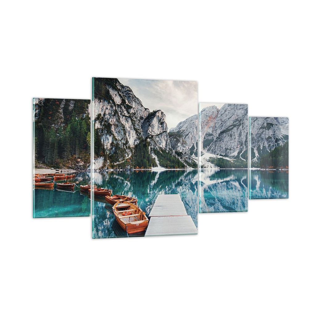 Bilder auf glas - 4 Teile - Boote Berge Hafen - 160x90cm - Glasbilder - Wandbilder - Bilder - zum Aufhängen bereit - Wanddekoration aus Glas - Gla...