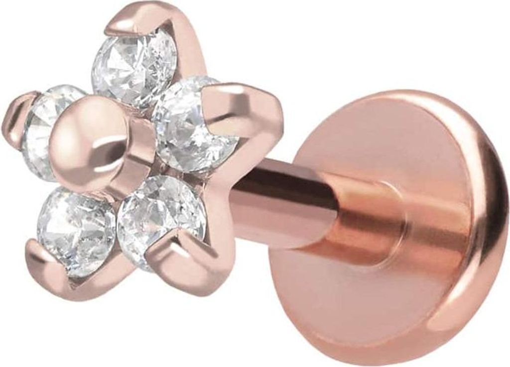 Ohrpiercing, Nasenpiercing Titan Labret mit Push Fit BLUME MIT 5 KRISTALLEN RoséGold Stablänge: 5mm | Stabstärke: 1,2mm