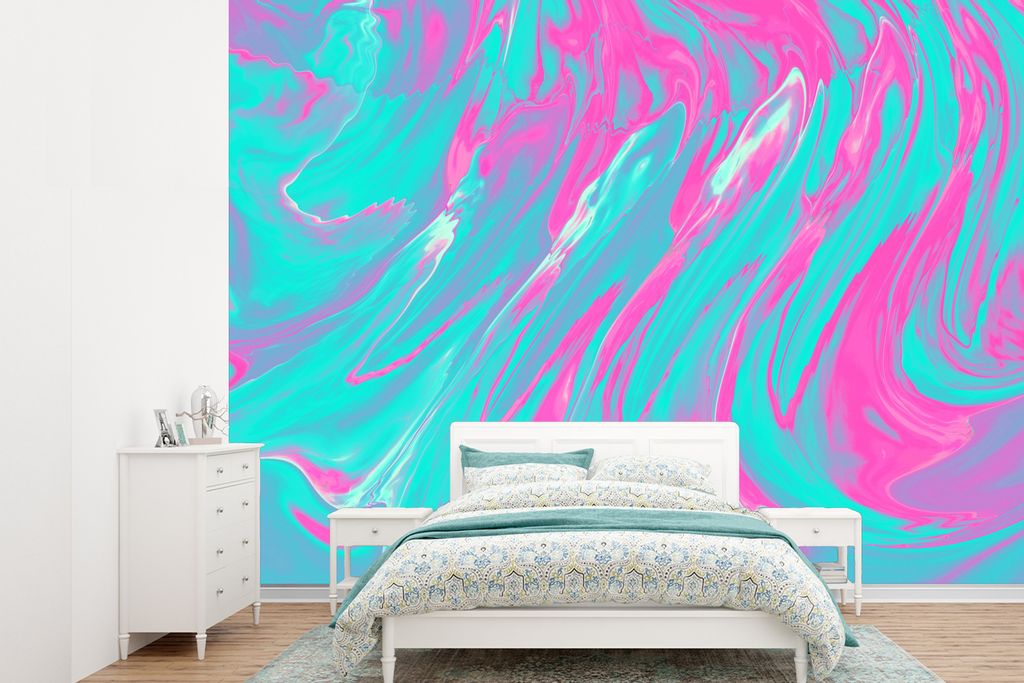 MuchoWow Fototapete für Wohnzimmer oder Schlafzimmer Wandtapete Vinyl Motivtapete Kunst - Rosa - Blau - Psychedelisch - 385x280 cm - Wallpaper