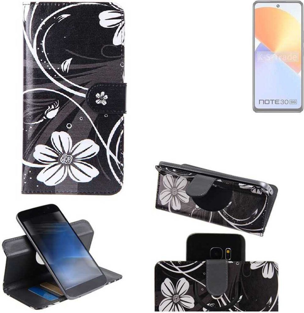 K-S-Trade Schutzhülle Handyhülle kompatibel mit Infinix Note 30 5G Hülle 360° Wallet Case “Flowers“ Klapphülle Hülle schwarz-weiß 1x