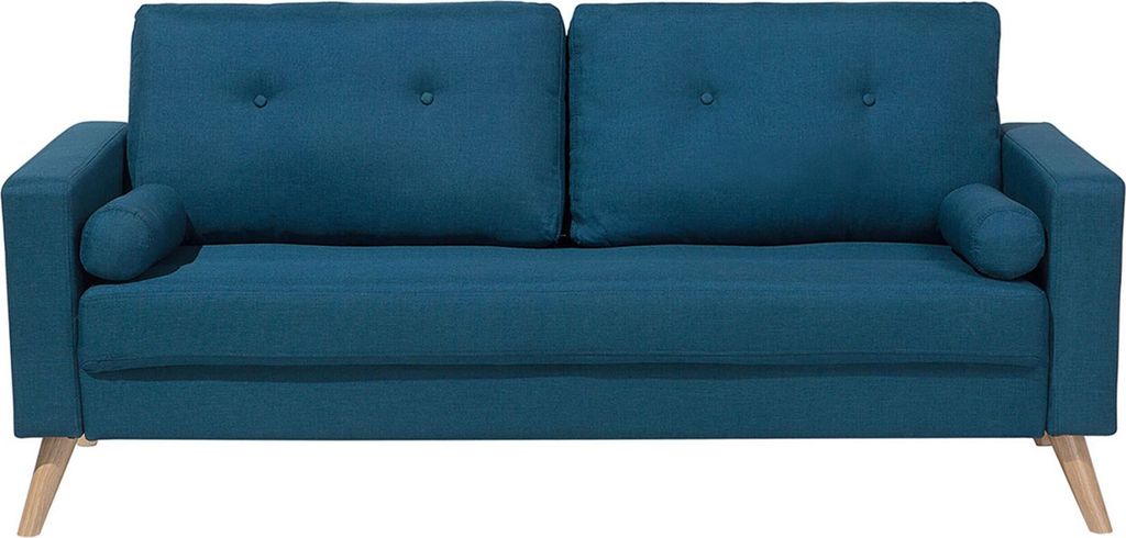 BELIANI 2-Sitzer Sofa Seeblau Stoffbezug mit Schmalen Armlehnen 2 Nackenrollen Helle Holzbeine Knopfheftung Lose Rückenkissen Freistellbar Wohnzimmer
