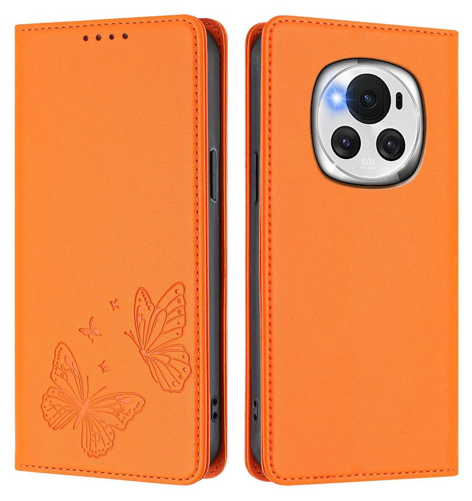 Lederhülle für Honor Magic6, Schmetterling Prägung Leder Brieftasche Schutzhülle mit Ständer Orange